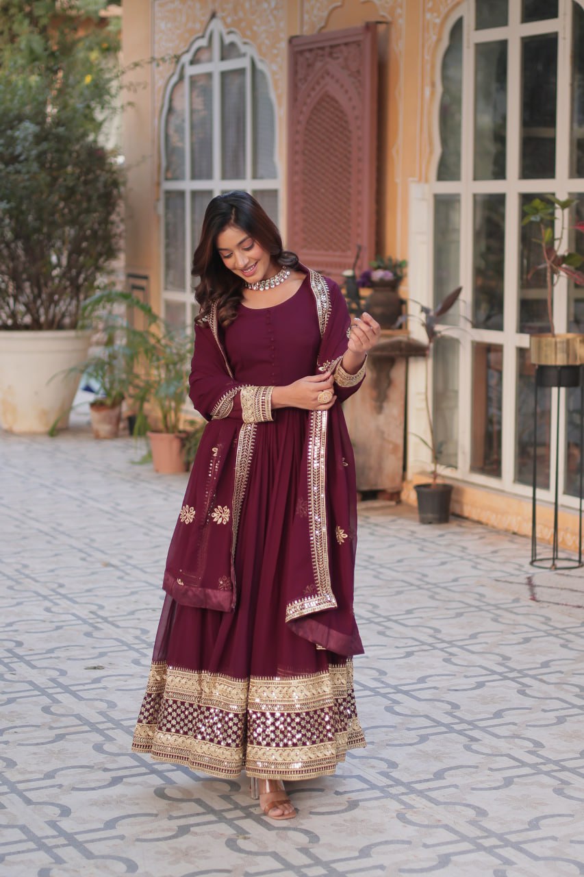 Maroon color faux blooming long gown price