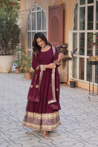 Maroon color faux blooming long gown price