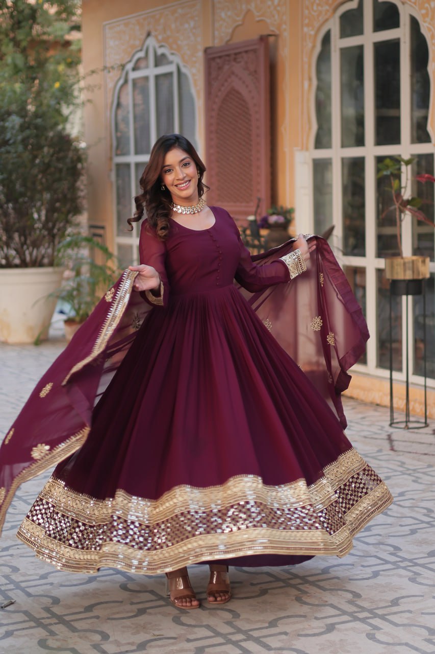 Maroon color faux blooming long gown images