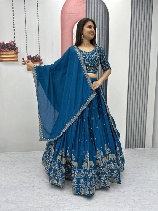 Teal blue color chinon lehenga choli for women