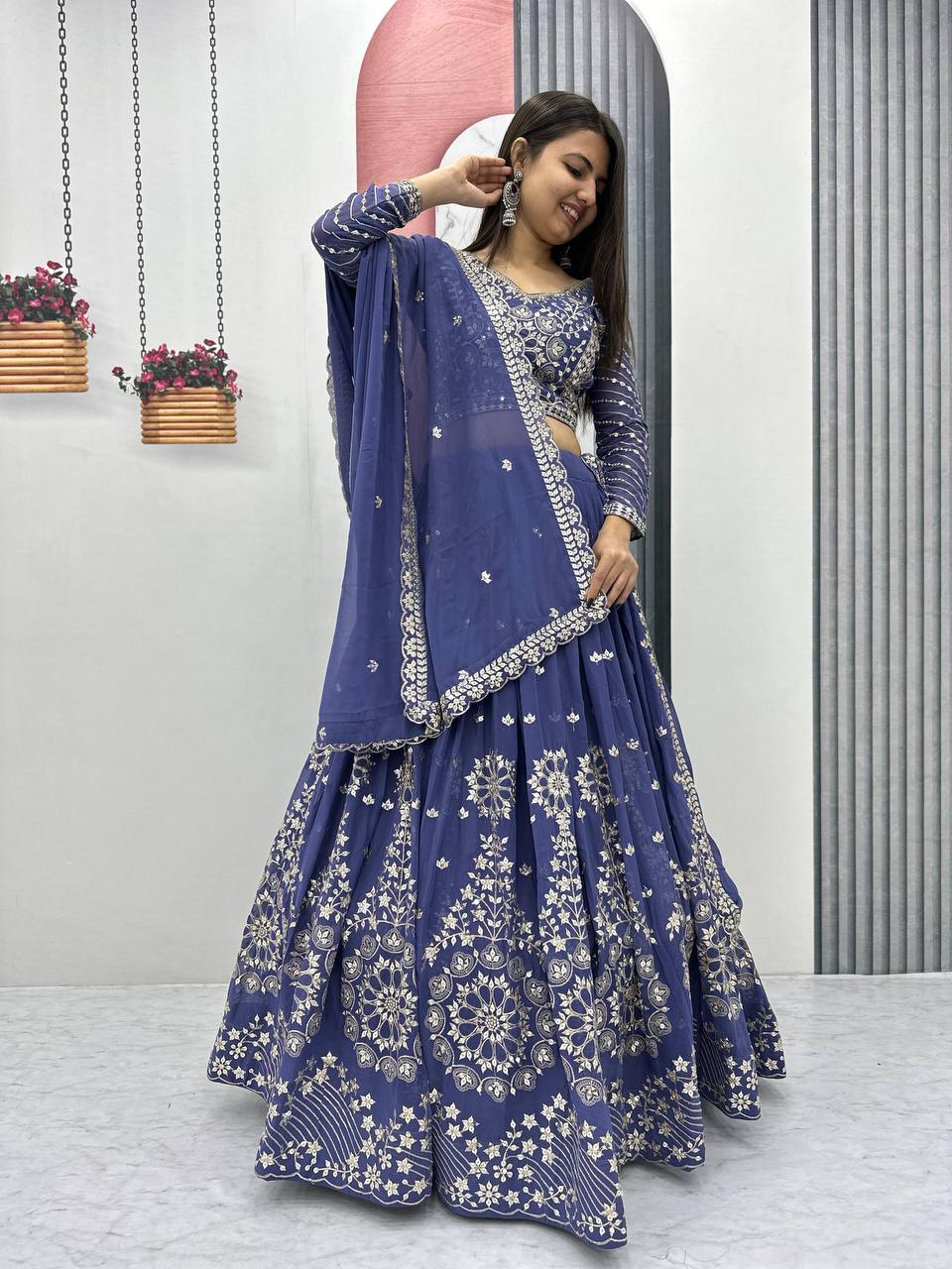 Blue color georgette lehenga choli for wedding
