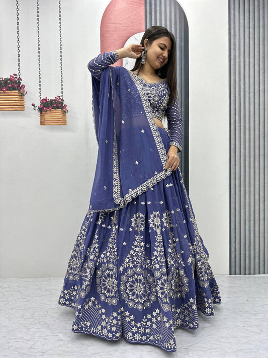 Blue color georgette lehenga choli for wedding
