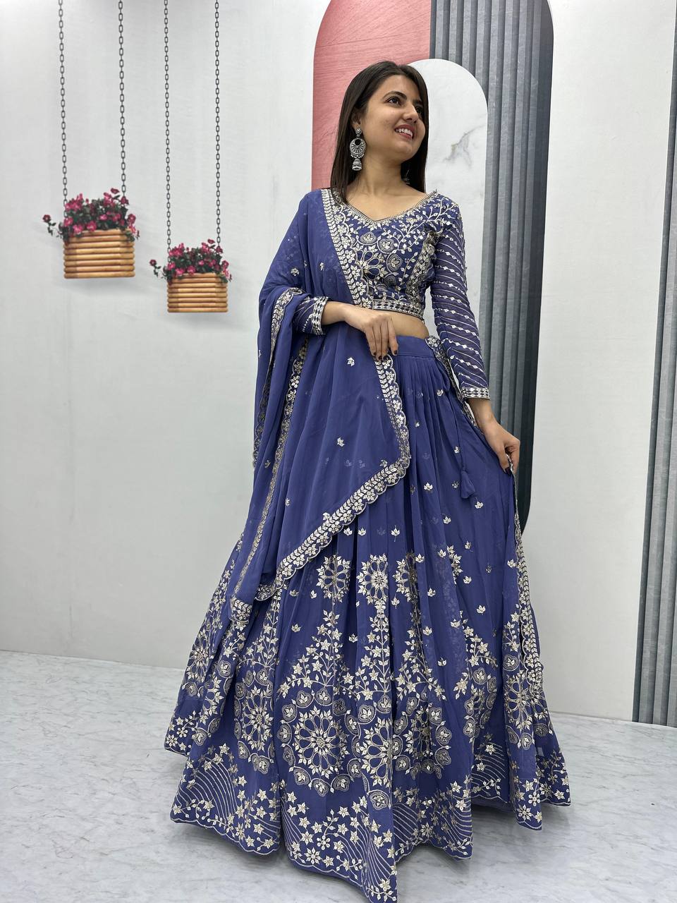 Blue color georgette lehenga choli with dupatta
