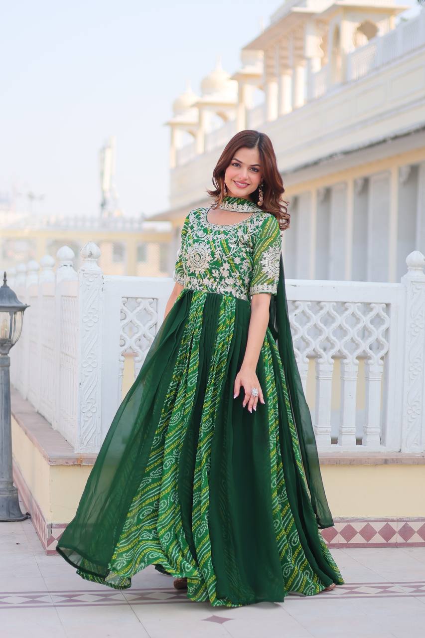 Green Bandhej georgette anarkali long gown for women