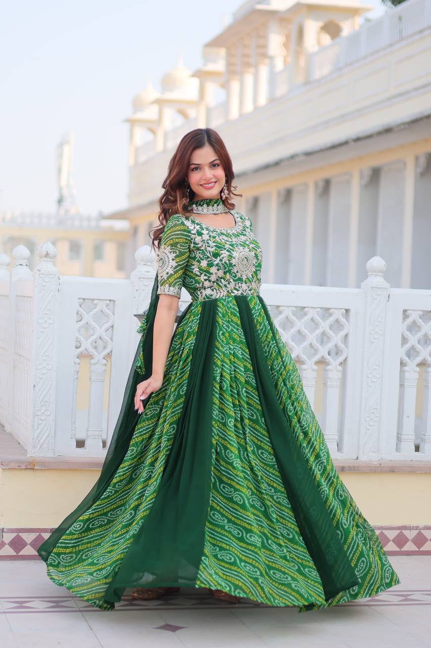 Green color Bandhej georgette anarkali long gown price