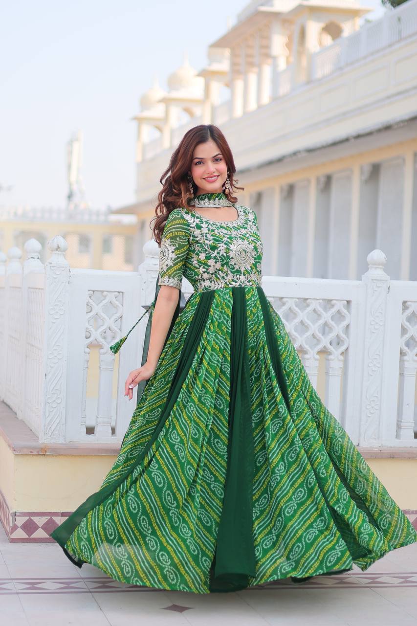 Green color Bandhej georgette anarkali long gown images