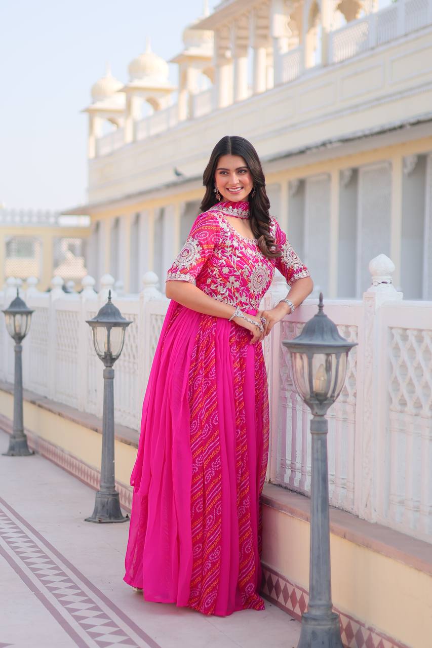 Pink color Bandhej georgette anarkali long gown online shopping
