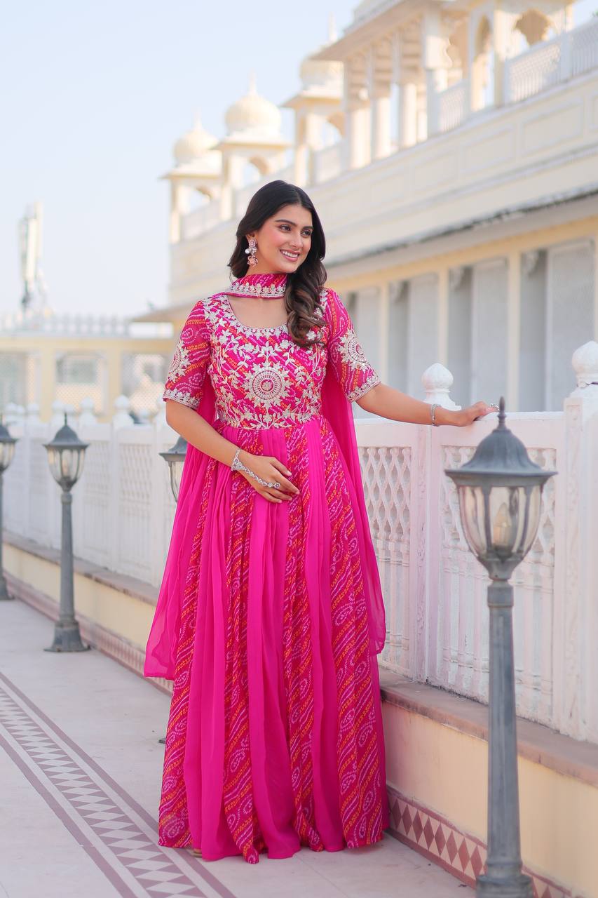 Pink color Bandhej georgette anarkali long gown online