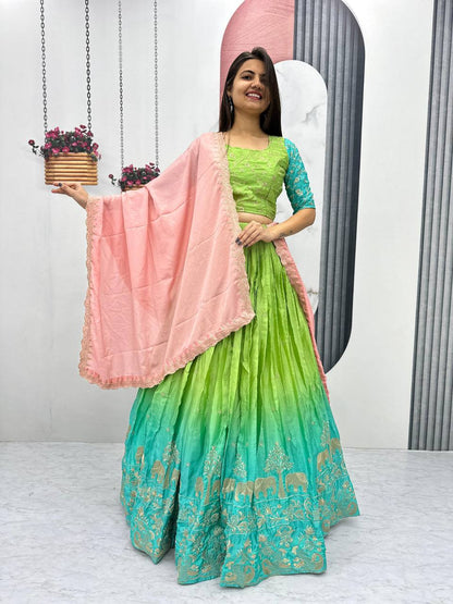Green color chinon lehenga choli for women 