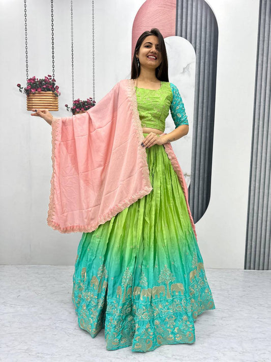 Green color chinon lehenga choli for women 