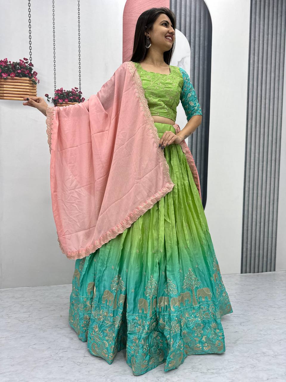 Green color chinon lehenga choli price