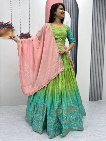 Green color chinon lehenga choli price