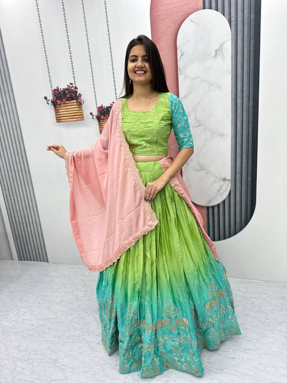 Green color chinon lehenga choli images