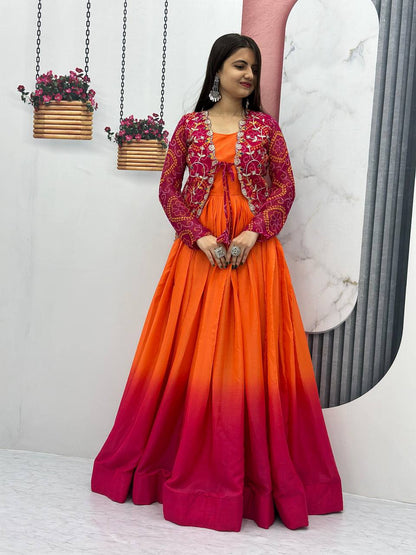 Orange color chinon long gown with koti online shopping
