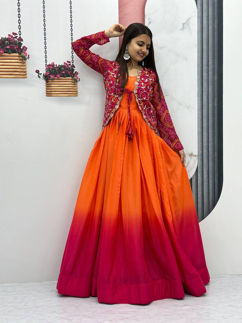 Orange color chinon long gown with koti images