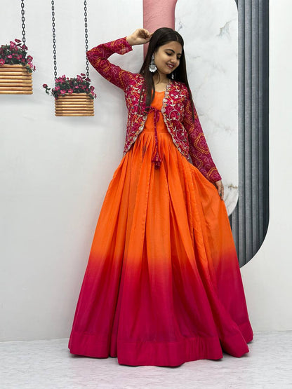 Orange color chinon long gown with koti images