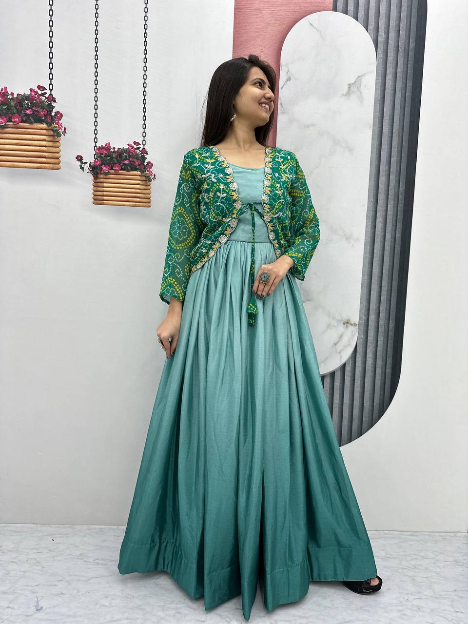 Rama color chinon long gown with koti price