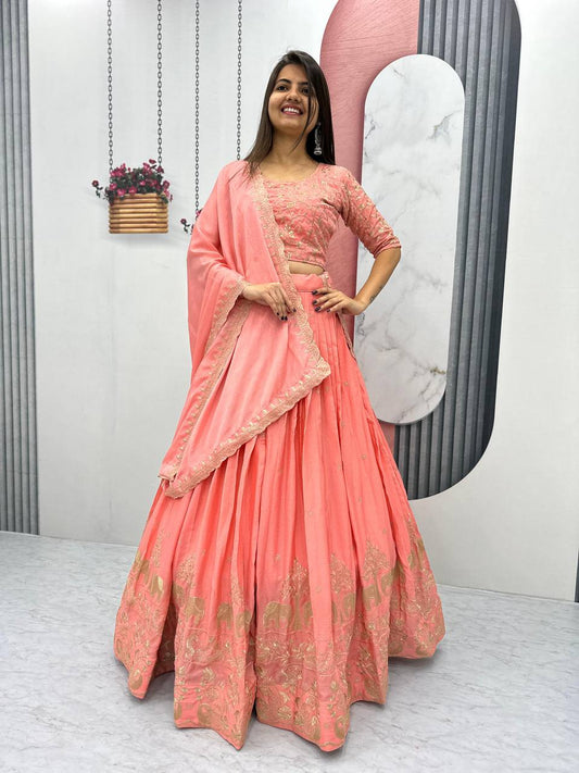 Peach color chinon lehenga choli for women
