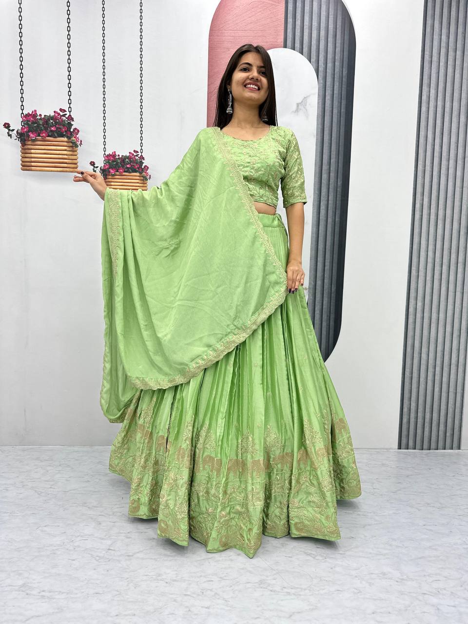 Paroot green color chinon readymade lehenga choli
