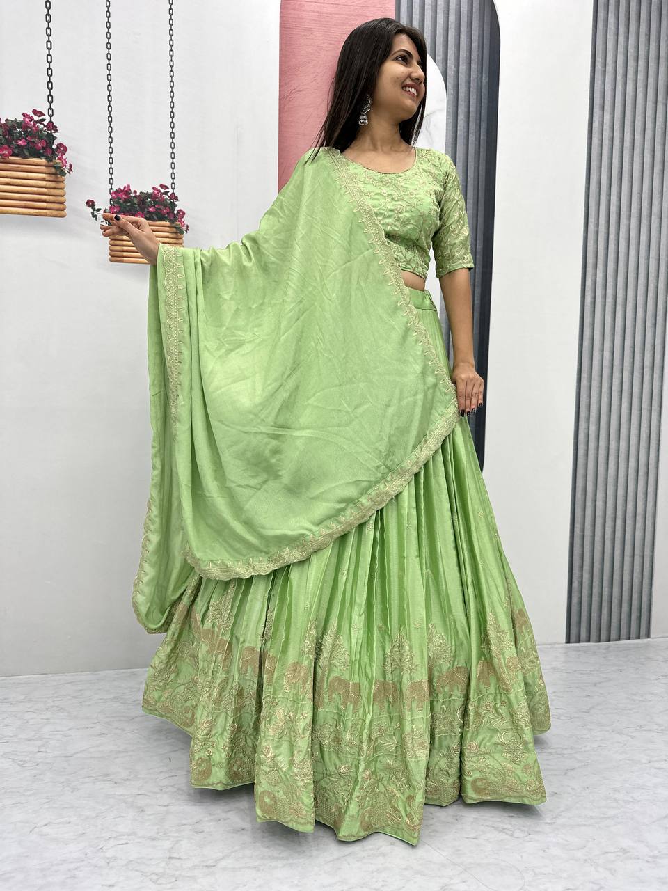 Paroot green color chinon readymade lehenga choli online