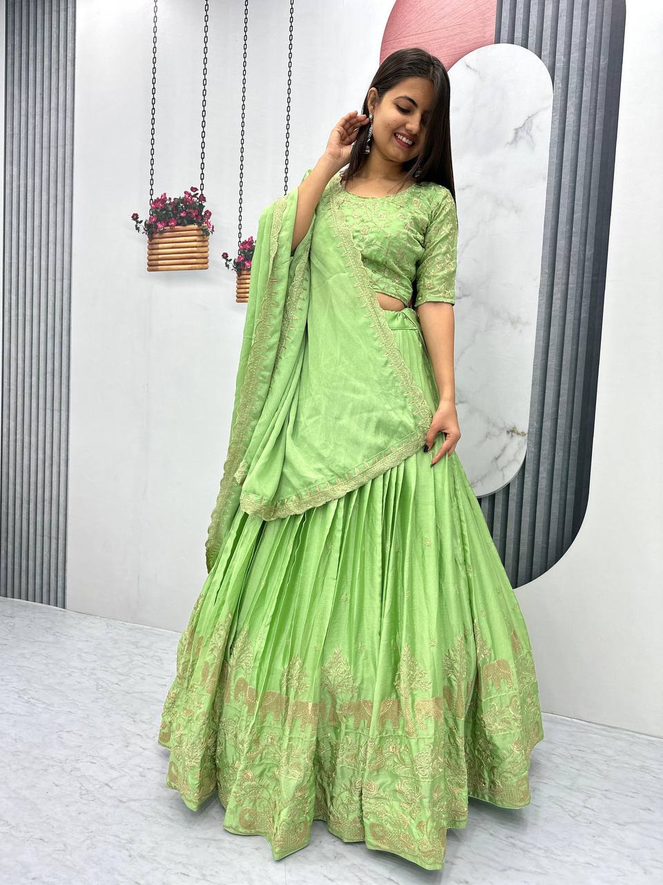 Paroot green color chinon readymade lehenga choli images