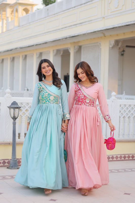 Pure chinon cording work long gown