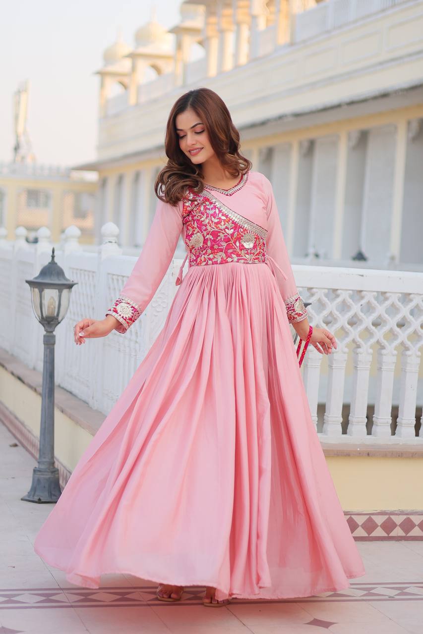 Peach color chinon cording work long gown for wedding