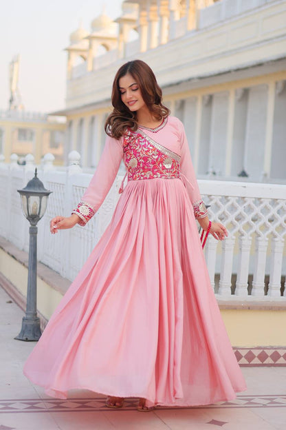 Peach color chinon cording work long gown for wedding