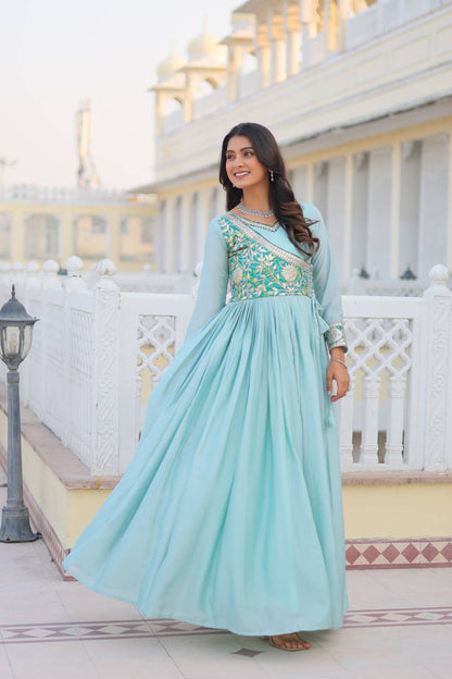 Blue color chinon readymade long gown 