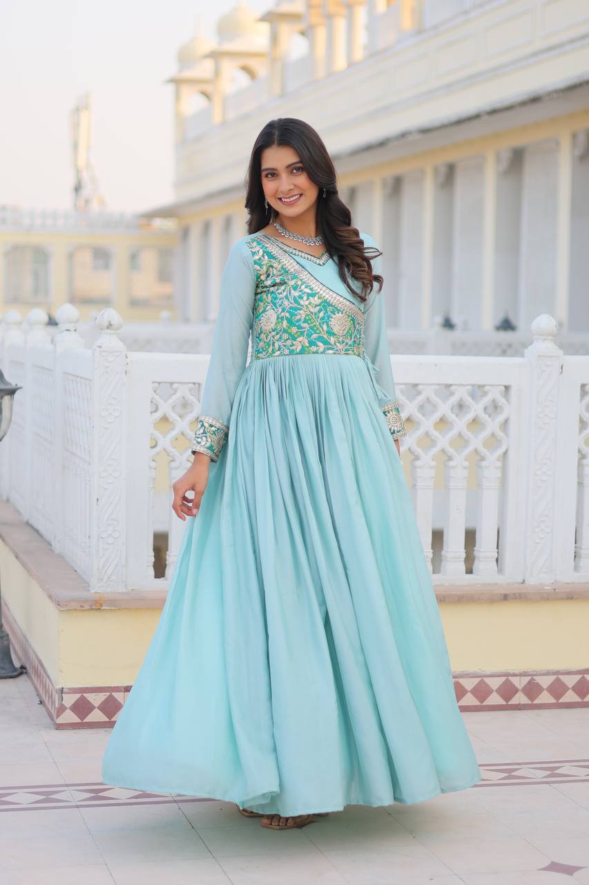 Blue color chinon readymade long gown price