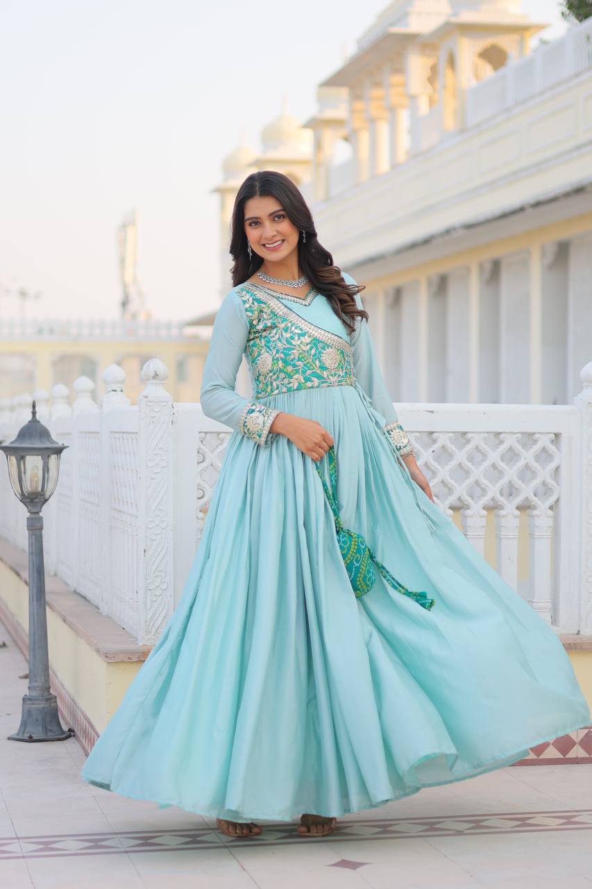 Blue color chinon readymade long gown for party
