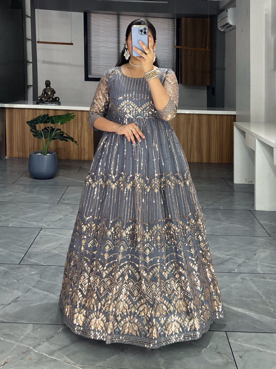Long grey color net gown for women
