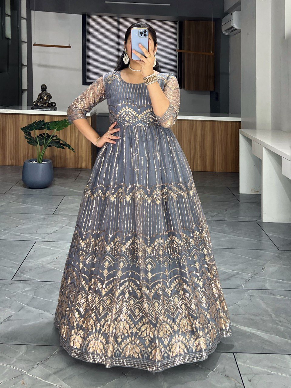Grey color net sequins work gown for wedding
