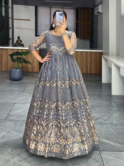 Grey color net sequins work gown for wedding
