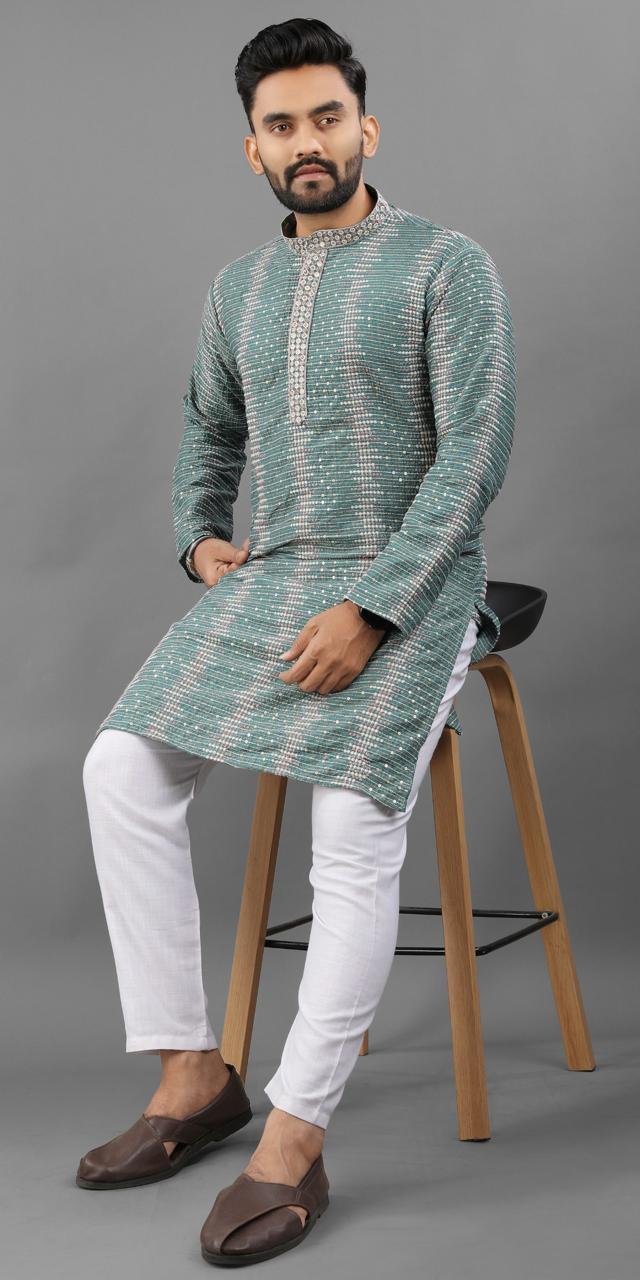 Teal green color important kurta men's  online shopping