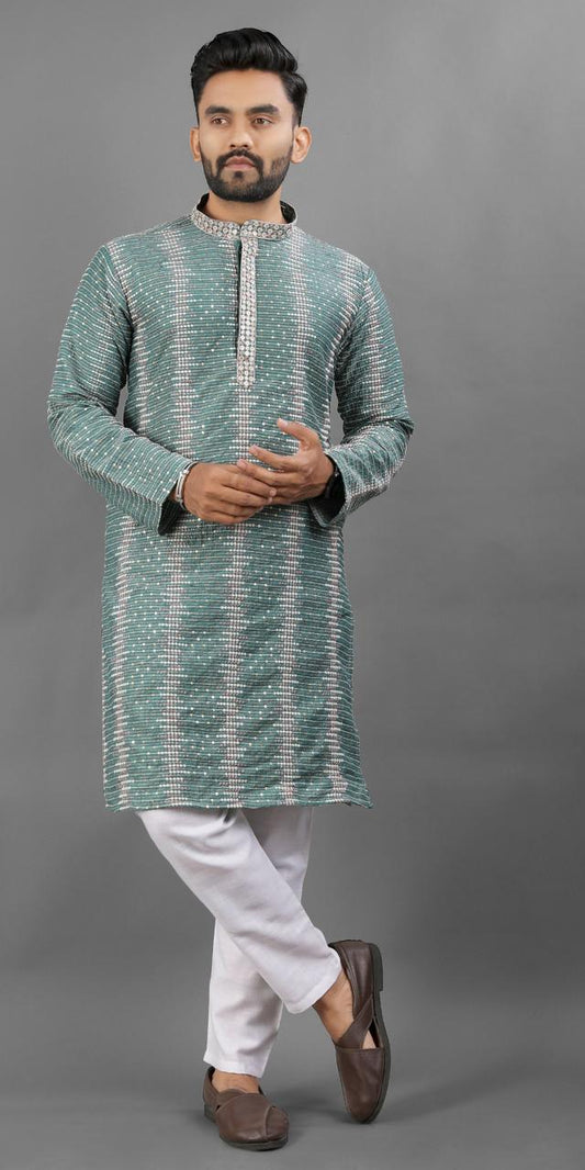 Teal green color important kurta men's for wedding