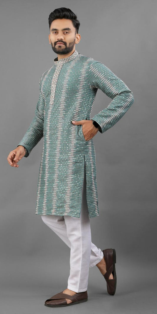 Teal green color important kurta men's online shopping