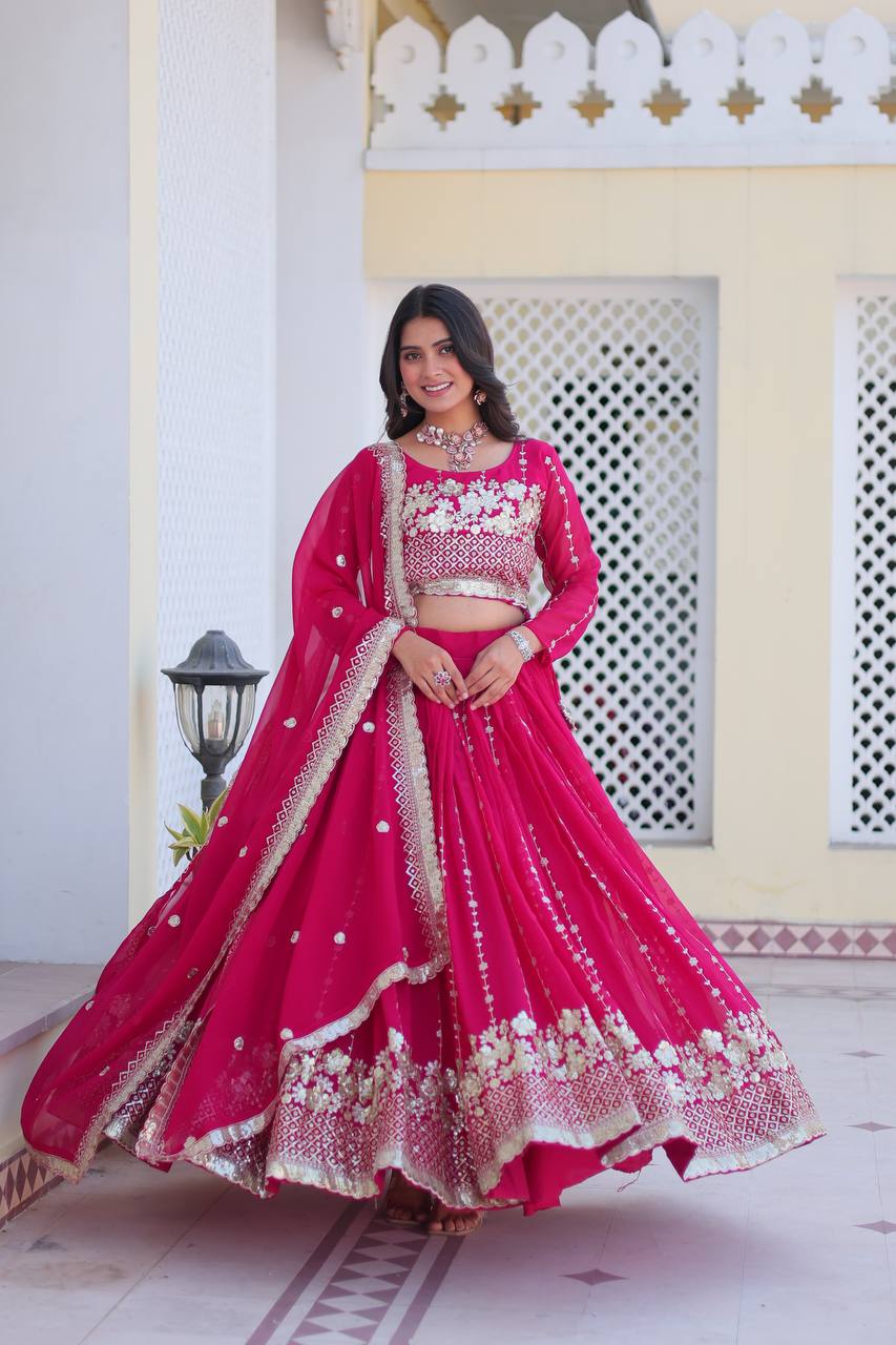 Pink color georgette sequins work lehenga choli images