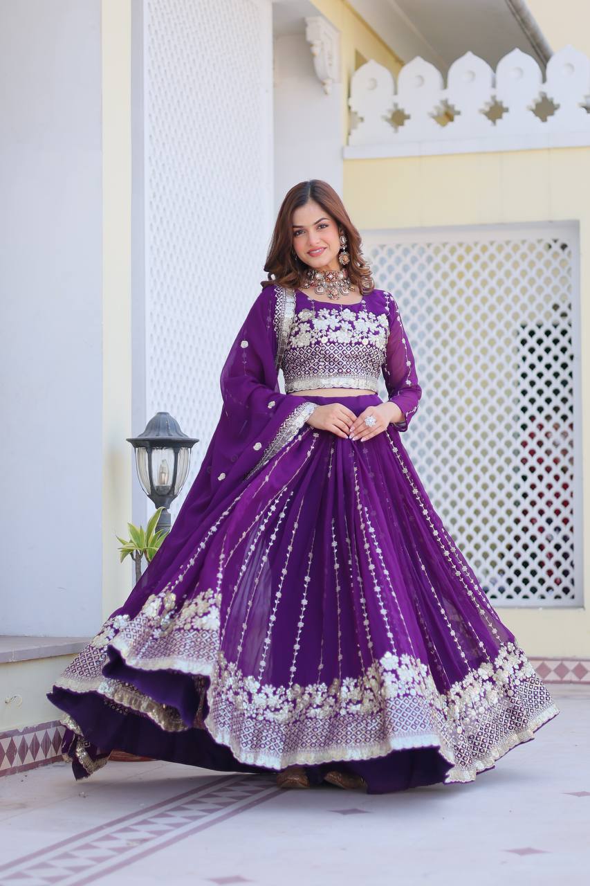 Purple color georgette sequins work lehenga choli for wedding
