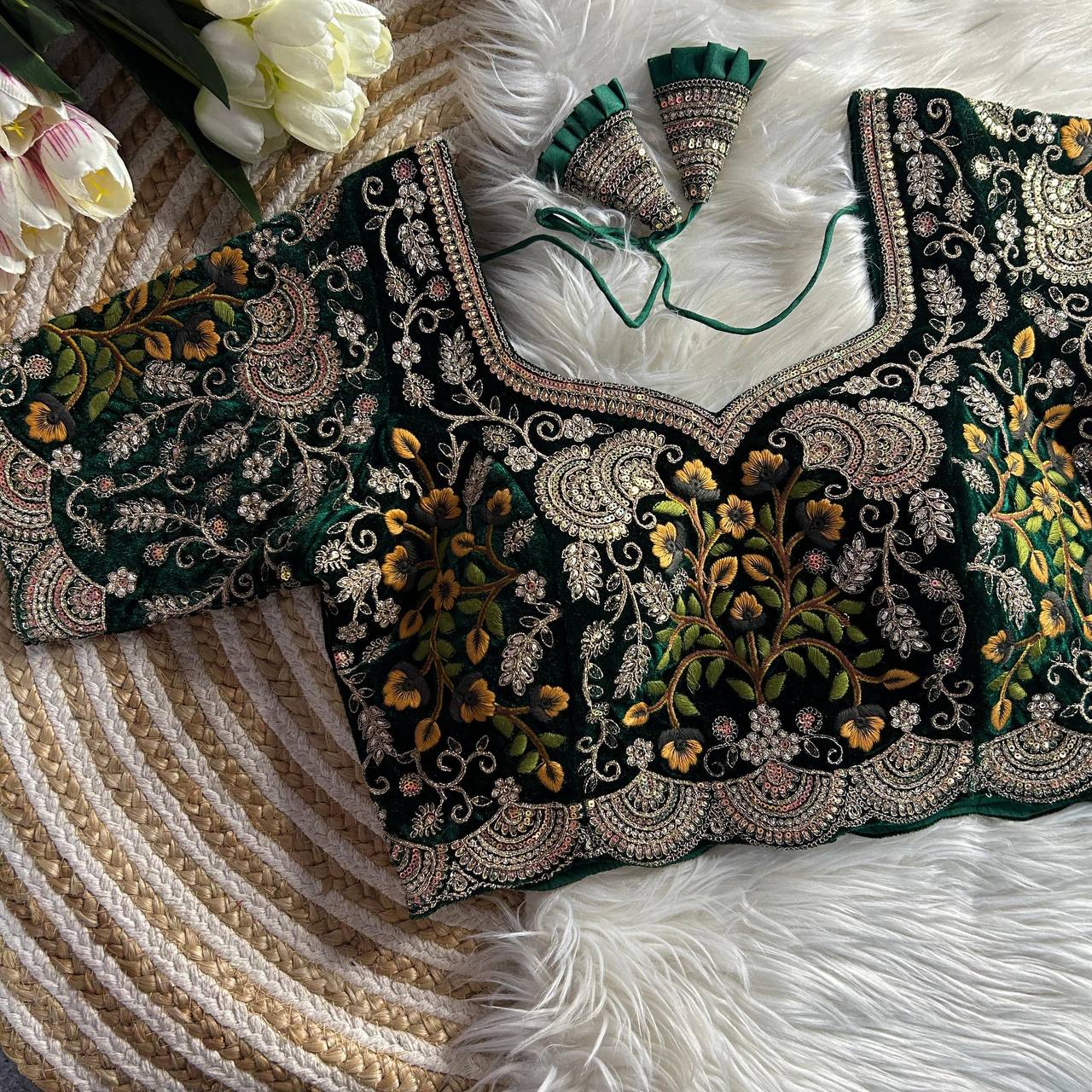 Green color soft velvet blouse for wedding