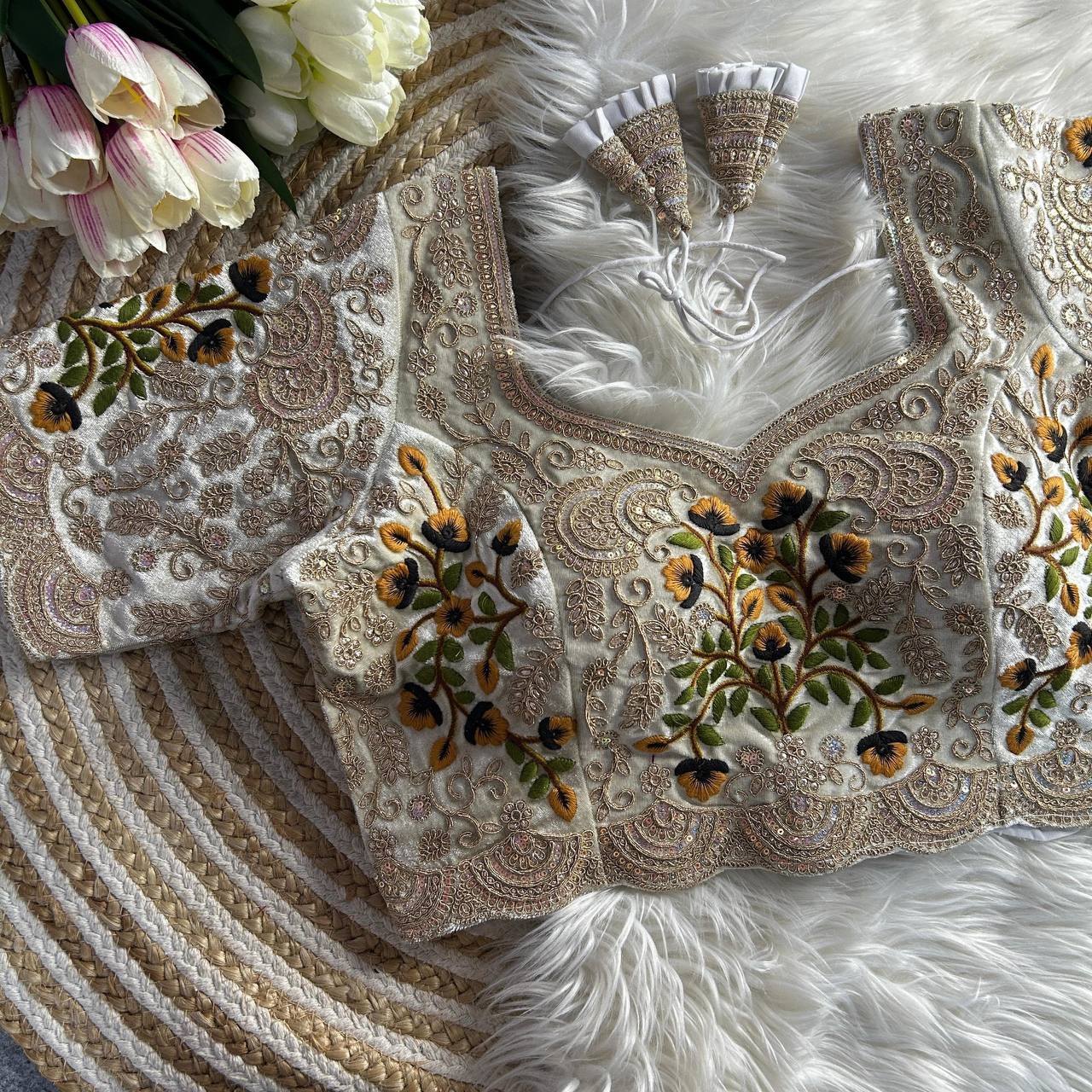 White color soft velvet blouse for party