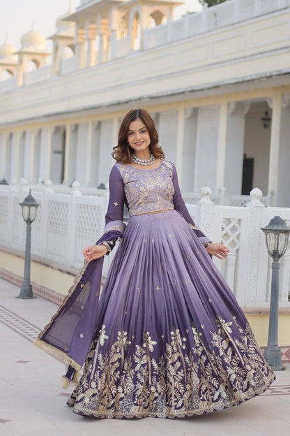 Lavender color Padding chinon sequins work lehenga choli