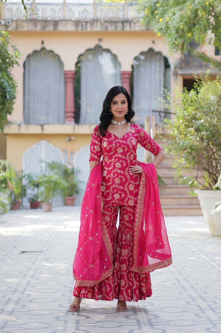Rani Pink color Viscose Georgette Jacquard sharara suit