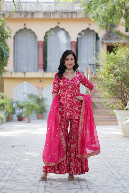 Rani Pink color Viscose Georgette Jacquard sharara suit