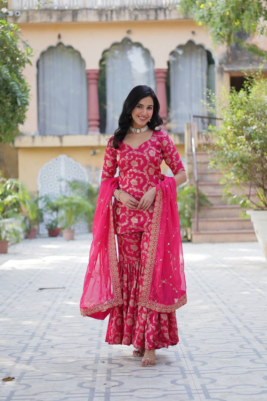 Rani Pink color Viscose Georgette Jacquard sharara suit design