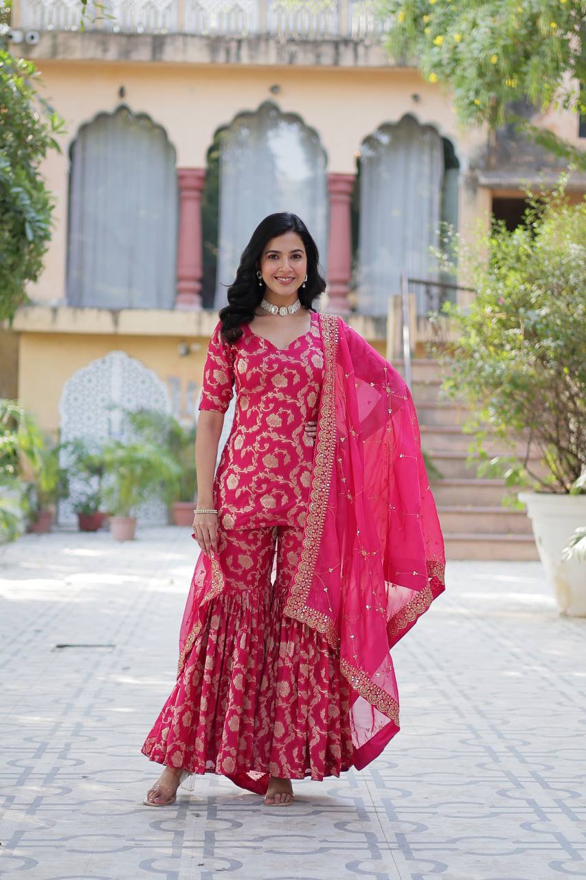Rani Pink color Viscose Georgette Jacquard sharara suit online