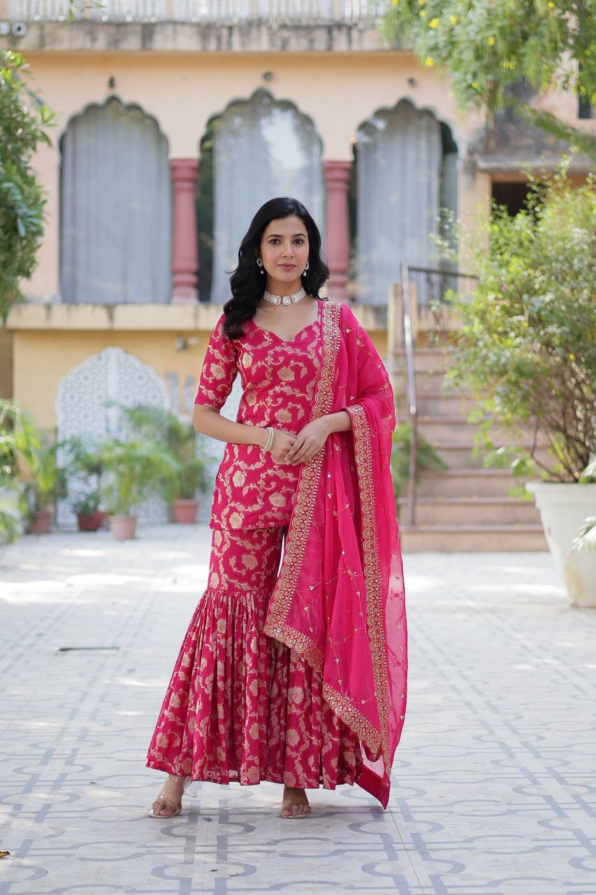 Rani Pink color Viscose Georgette Jacquard sharara suit with dupatta