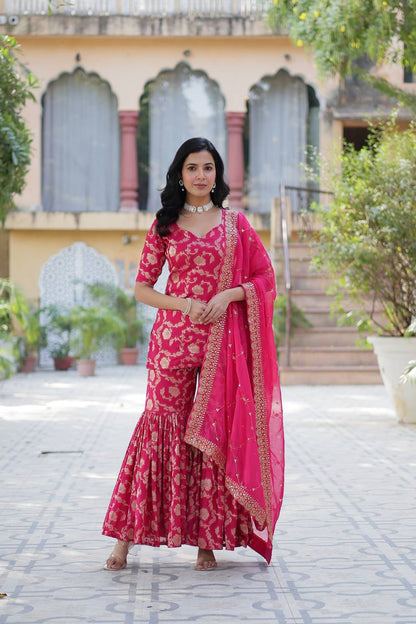 Rani Pink color Viscose Georgette Jacquard sharara suit with dupatta