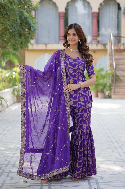 Purple color Viscose Georgette Jacquard sharara suit 