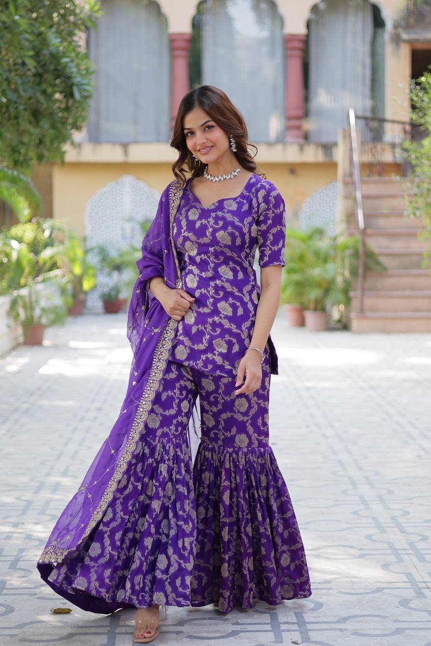 Purple color Viscose Georgette Jacquard sharara suit images